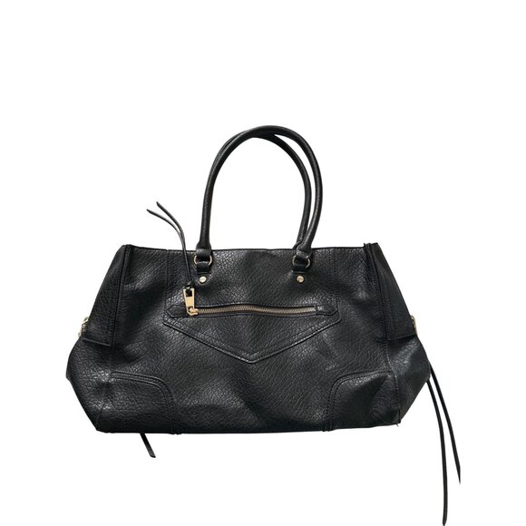 💖Large Black Textured Leather Satchel Bag, Dual Handles & Gold Zipper Accents - Picture 1 of 9